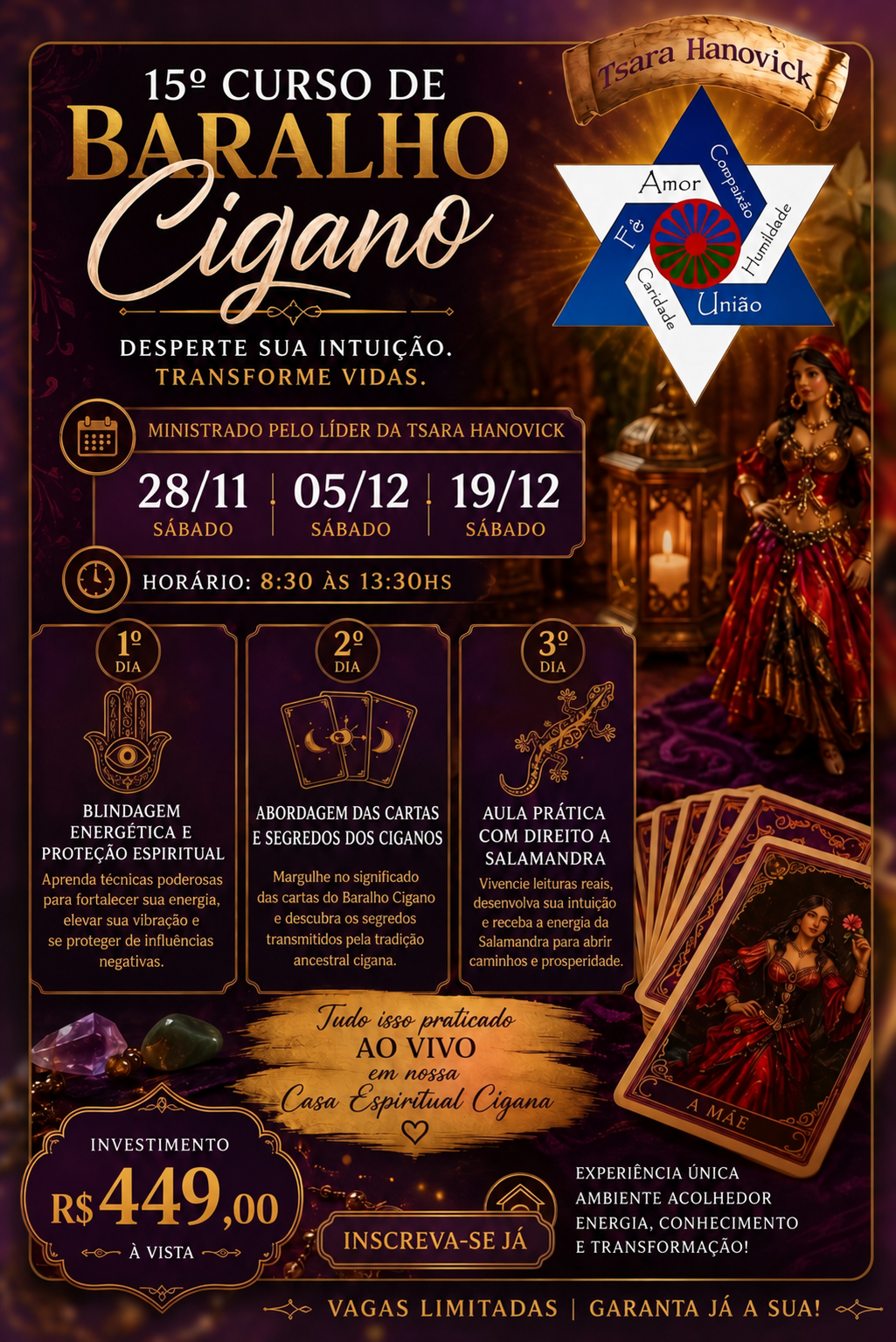 Arte da 15ª turma do curso de Baralho Cigano, com encontros em 28 de novembro, 5 e 19 de dezembro de 2026